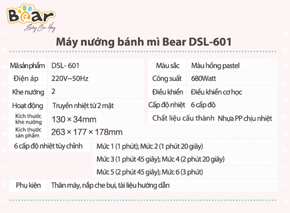 Thông số kỹ thuật máy nướng bánh mì Bear DSL-601